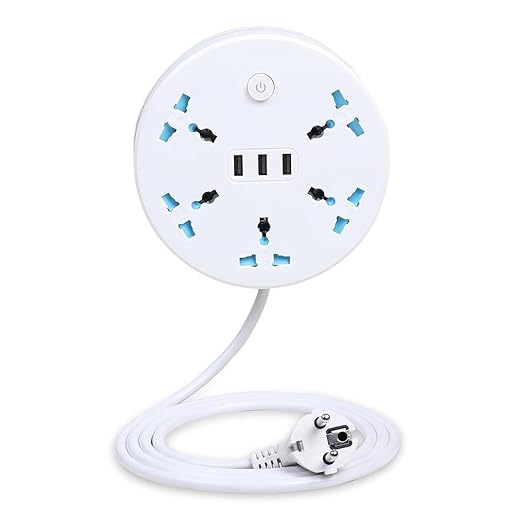 8-in-1 Travel Power Strip Extension Board | 5 Universal Sockets + 3 USB Ports | Multi Plug Extension Cord with USB for Home, Office, Hotel & Travel | White