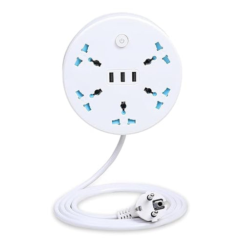 8-in-1 Travel Power Strip Extension Board | 5 Universal Sockets + 3 USB Ports | Multi Plug Extension Cord with USB for Home, Office, Hotel & Travel | White