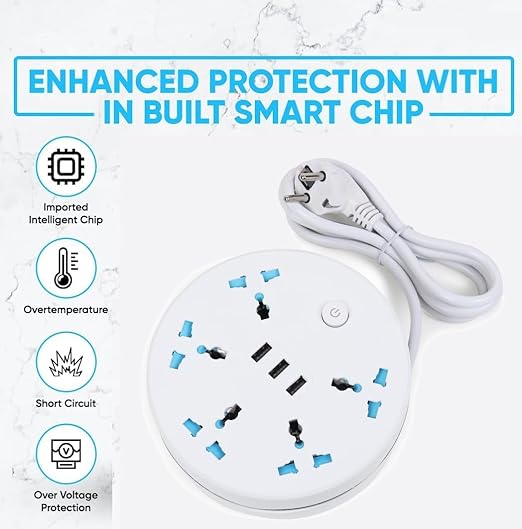 8-in-1 Travel Power Strip Extension Board | 5 Universal Sockets + 3 USB Ports | Multi Plug Extension Cord with USB for Home, Office, Hotel & Travel | White