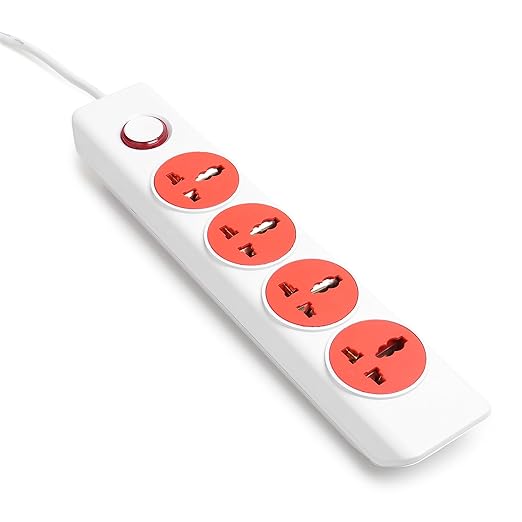 4x1 Extension Board - 4 Universal Sockets - Master Switch with LED Indicator - 3 Pin Plug - 2-Meter Extension Cord - Multi Plug for Home Appliances & Office, Red & White