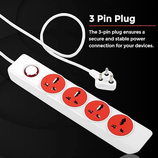 4x1 Extension Board - 4 Universal Sockets - Master Switch with LED Indicator - 3 Pin Plug - 2-Meter Extension Cord - Multi Plug for Home Appliances & Office, Red & White