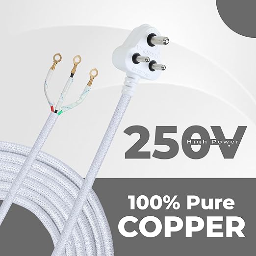Heavy-Duty 3-Pin Power Cord for Iron Press - 6A, 250V - 100% Pure Copper Wire - Multi-Purpose Cable for Iron Boxes, Kitchen Appliances & Home Electronics - Durable & Safe (2.7M White)