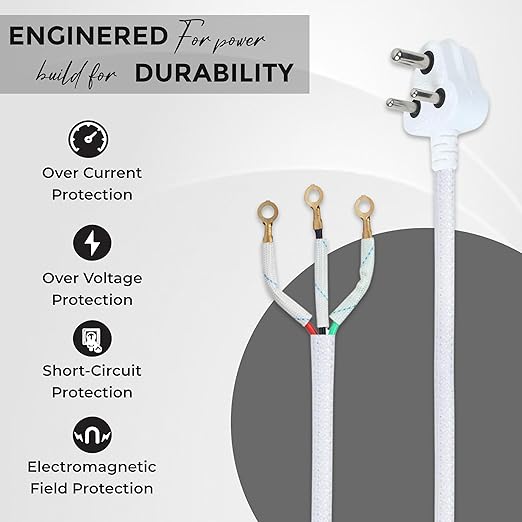Heavy-Duty 3-Pin Power Cord for Iron Press - 6A, 250V - 100% Pure Copper Wire - Multi-Purpose Cable for Iron Boxes, Kitchen Appliances & Home Electronics - Durable & Safe (2.7M White)
