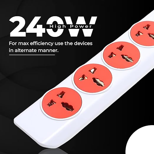 4x1 Extension Board - 4 Universal Sockets - Master Switch with LED Indicator - 3 Pin Plug - 2-Meter Extension Cord - Multi Plug for Home Appliances & Office, Red & White