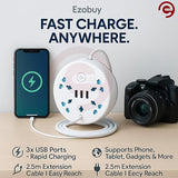 8-in-1 Travel Power Strip Extension Board | 5 Universal Sockets + 3 USB Ports | Multi Plug Extension Cord with USB for Home, Office, Hotel & Travel | White