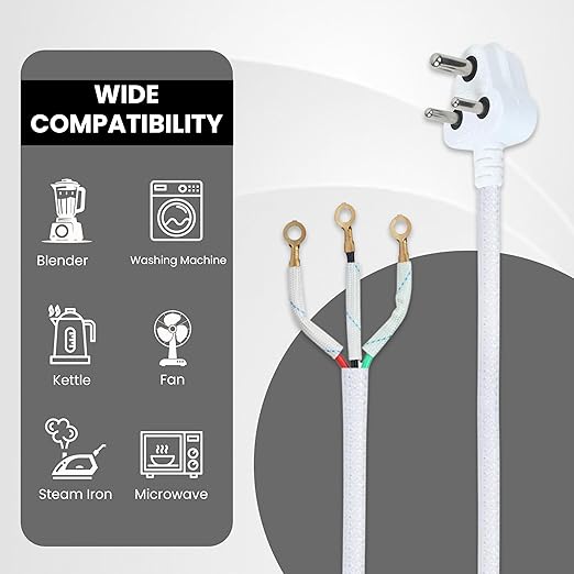 Heavy-Duty 3-Pin Power Cord for Iron Press - 6A, 250V - 100% Pure Copper Wire - Multi-Purpose Cable for Iron Boxes, Kitchen Appliances & Home Electronics - Durable & Safe (2.7M White)