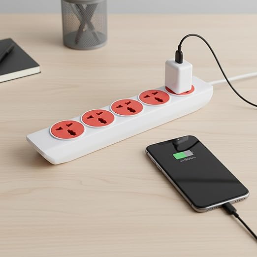 4x1 Extension Board - 4 Universal Sockets - Master Switch with LED Indicator - 3 Pin Plug - 2-Meter Extension Cord - Multi Plug for Home Appliances & Office, Red & White
