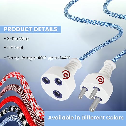 ezobuy 3 Pin Cotton Threaded Wire Extension Wire 3.5 Meters Heavy Duty Long Wire Cord 4 Layer Coating Copper Wire | Durable Multipurpose | Pack of 1 250 W