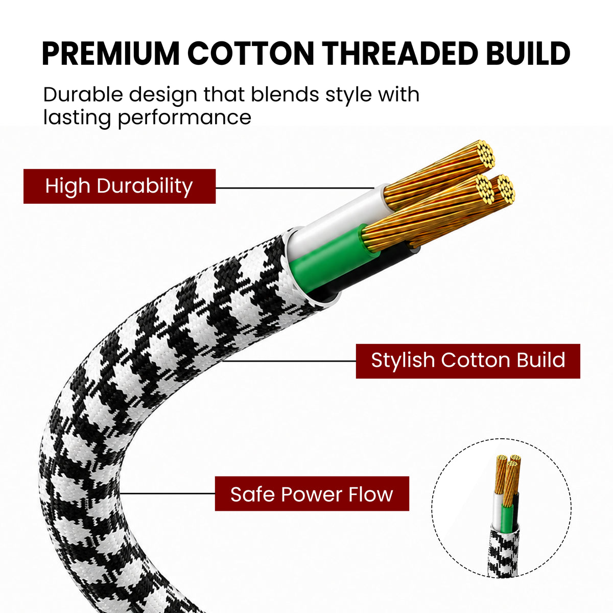 ezobuy 3 Pin Cotton Threaded Wire Extension Wire | 3.5 Meters Heavy Duty Long Wire Cord | 4 Layer Coating | Copper Wire | Durable | Multipurpose | Pack of 1 | 250 W |
