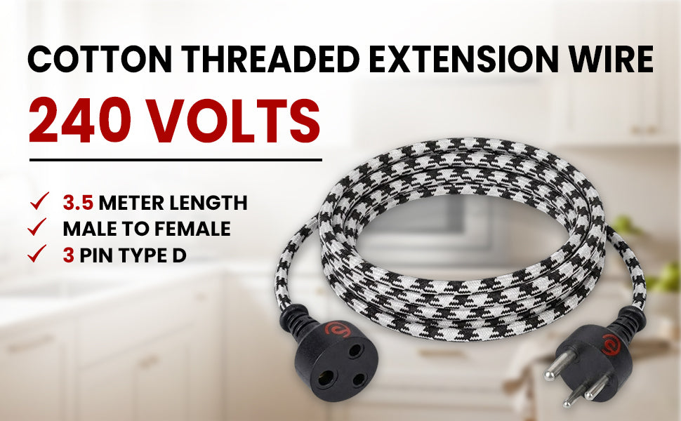 ezobuy 3 Pin Cotton Threaded Wire Extension Wire | 3.5 Meters Heavy Duty Long Wire Cord | 4 Layer Coating | Copper Wire | Durable | Multipurpose | Pack of 1 | 250 W |