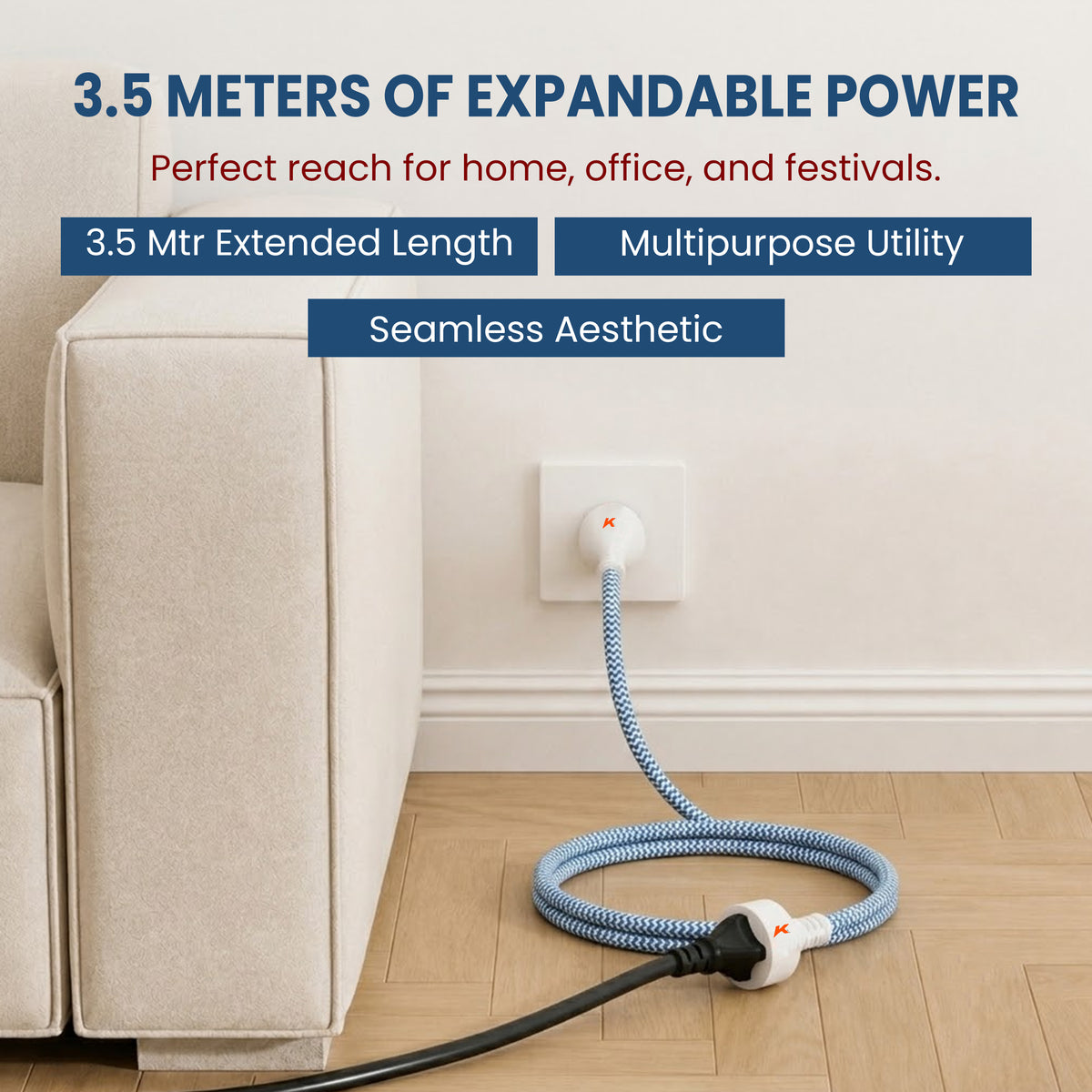 ezobuy 3 Pin Cotton Threaded Wire Extension Wire 3.5 Meters Heavy Duty Long Wire Cord 4 Layer Coating Copper Wire | Durable Multipurpose | Pack of 1 250 W