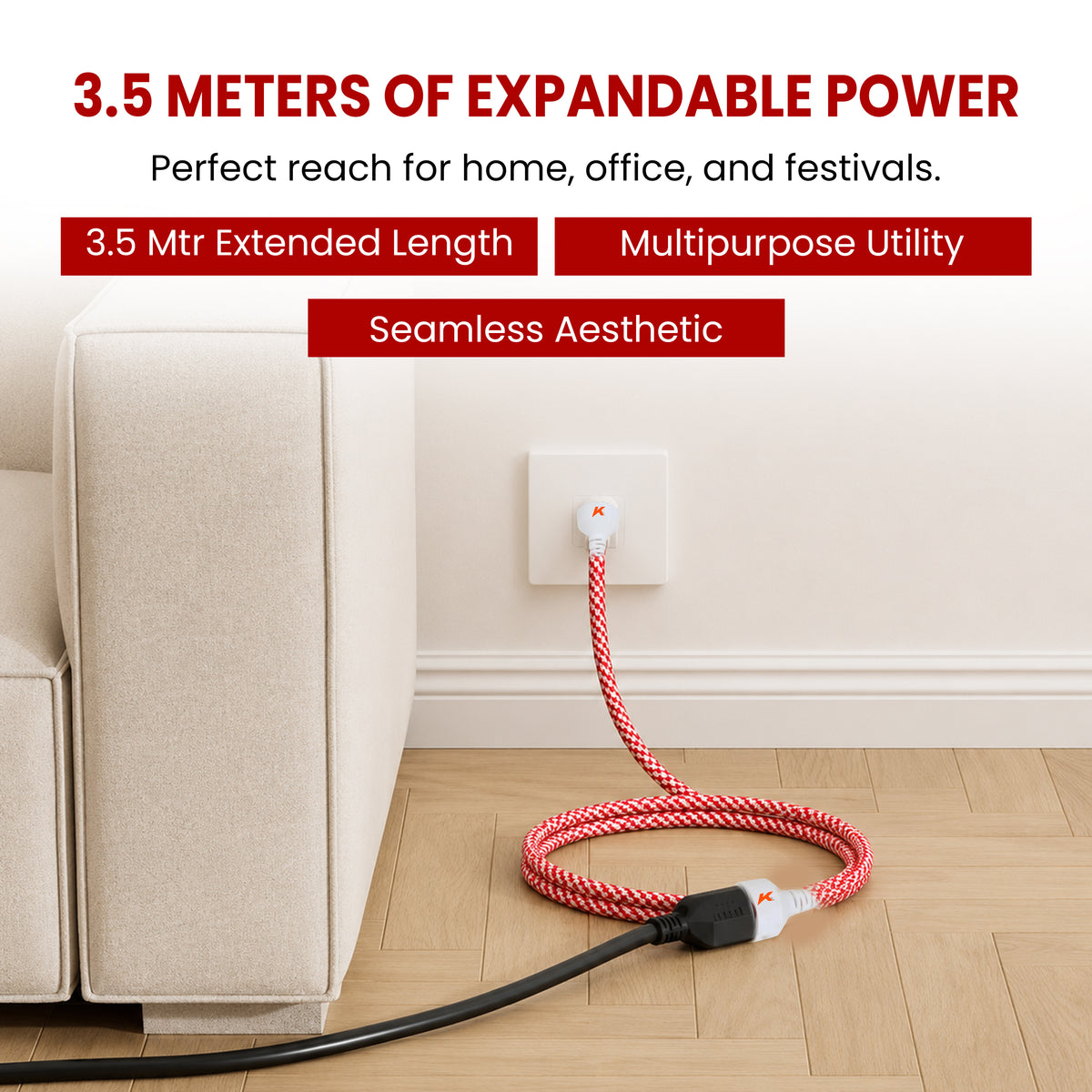 Ezobuy 3 Pin Cotton Threaded | Male to Female | Expandable Electric Extension 3.5 Mtr. Wire | Perfect Multipurpose | Home Decor | Office | Festival Decorations | Colour Red Abstract | Pack of 1